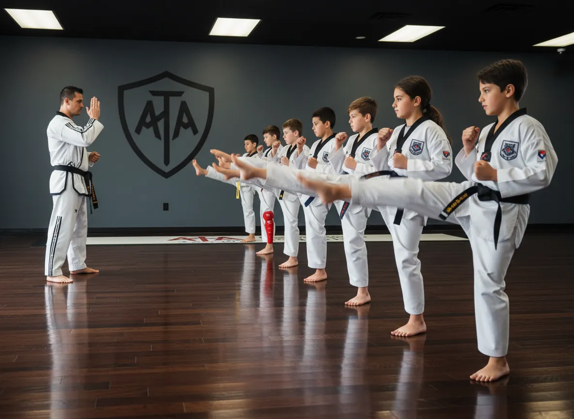 Kids and teens training Taekwondo